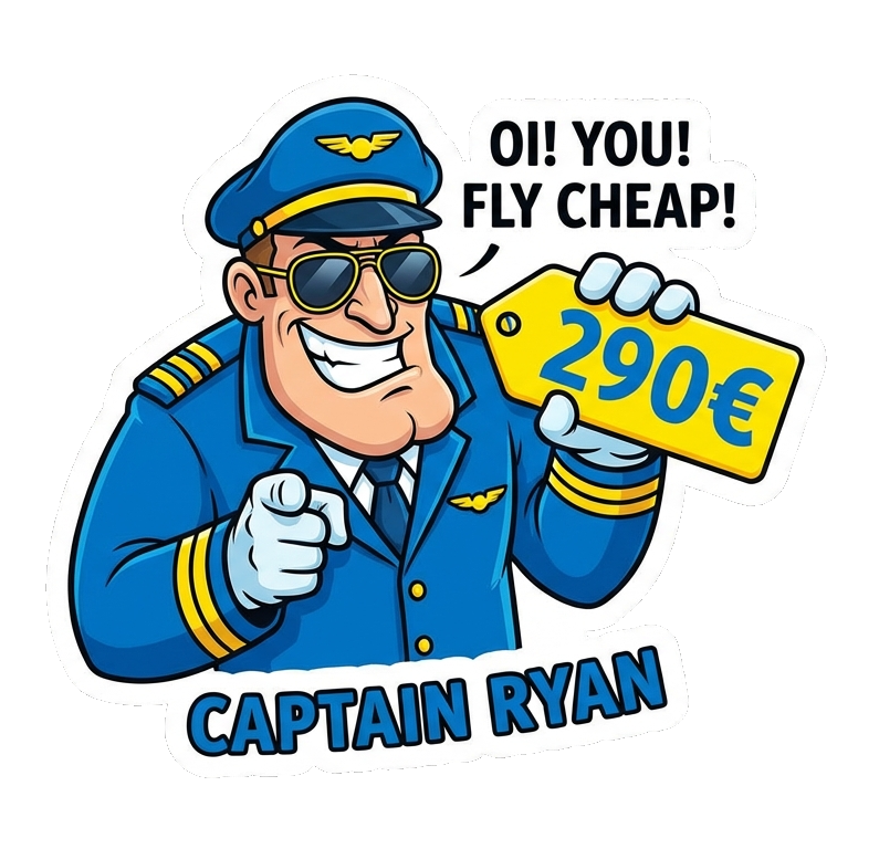 Cartoon mascot pilot holding a large yellow sign saying 290 euros